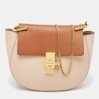 Shop Chloé Peach/brown Pebbled Leather Medium Drew Shoulder Bag In Orange