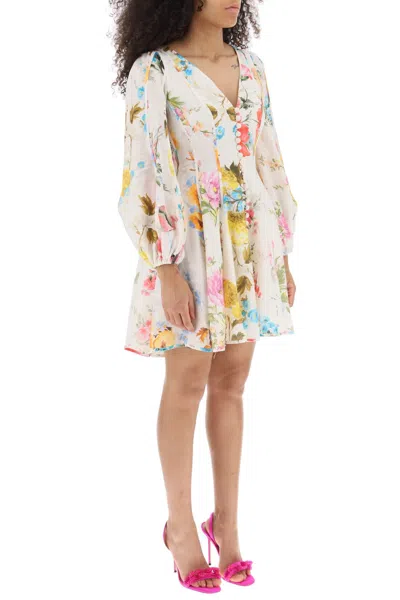 Shop Zimmermann 'halcyon' Mini Dress In Linen With Floral Motif In Multi
