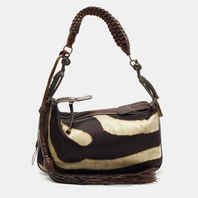 Shop Gianfranco Ferre Zebra Print Satin And Leather Tribe Handle Shoulder Bag In Brown