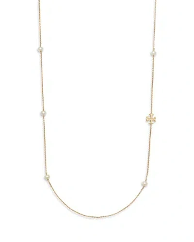 Shop Tory Burch Kira Cultured Pearl & T Monogram Strand Necklace, 38 In Gold/pearl