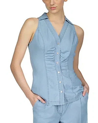 Shop Michael Kors Sleeveless Collared Top In Sky Blue Wash