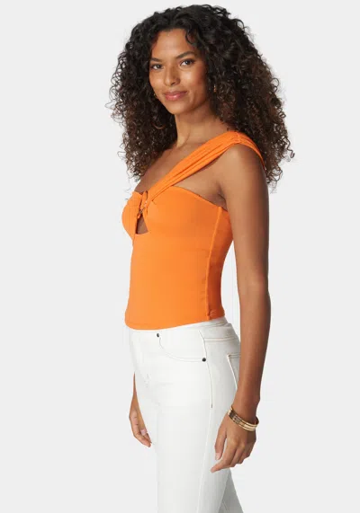 Bebe Asymetric Drapped D Ring Knit Top In Persimmon Orange