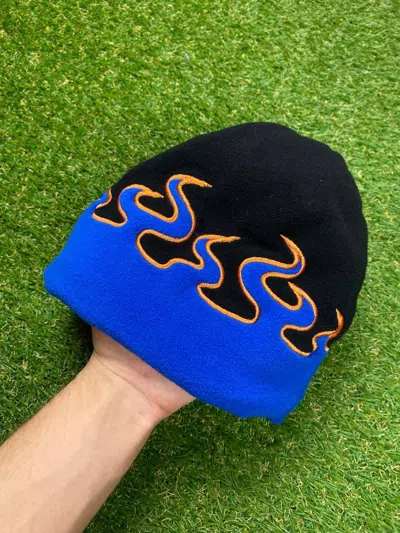 Pre-owned Hat Fire Flames Graphic No Cuff Skull Cap Beanie  Blue In Black Blue