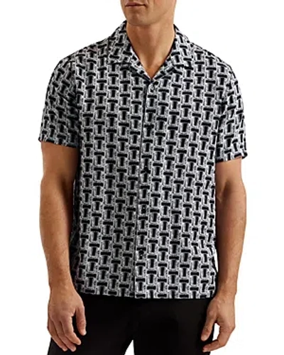 Shop Ted Baker Printed Short Sleeve Button Front Shirt In Black