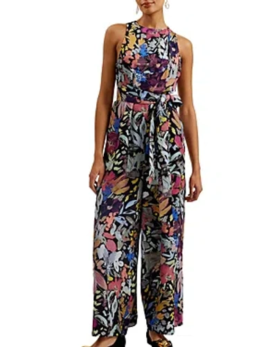 Shop Ted Baker Abstract Print Pleated Neck Jumpsuit In Black