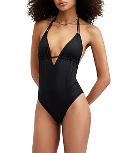 Shop Allsaints Erica Halter Plunging Neck Swimsuit In Black Shine