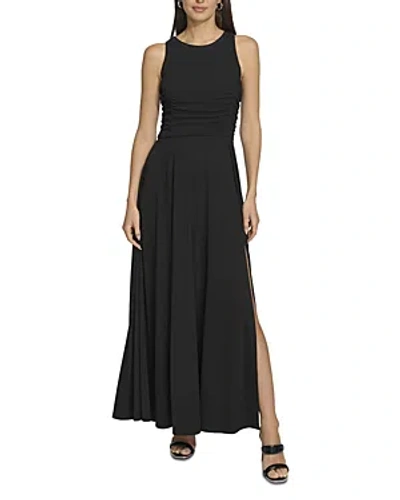 Shop Dkny Round Neck Ruched Side Slit Dress In Black