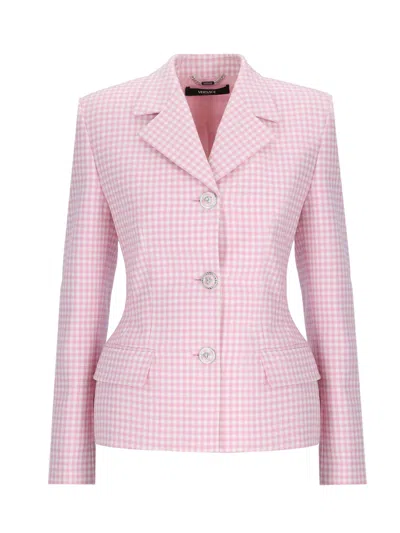 Shop Versace Check Single-breasted Blazer In Pink