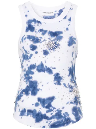 Shop Des Phemmes Tie Dye `splash` Embroidery Tank Top In Blue