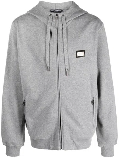 Shop Dolce & Gabbana Zip-up Hoodie With Branded Tag In Gray