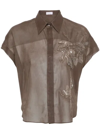 Shop Brunello Cucinelli Floral Embroidery Shirt In Brown