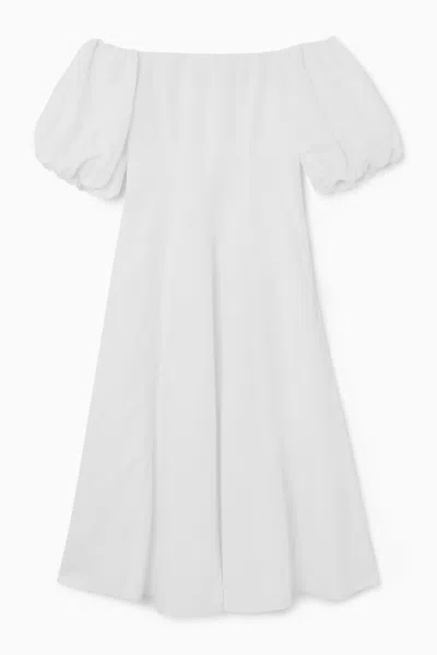 Shop Cos Off-the-shoulder Puff-sleeve Midi Dress In White