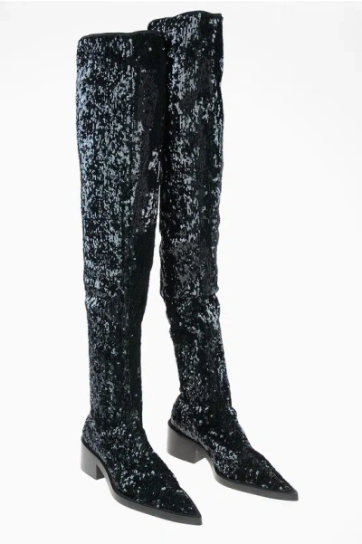 Shop Maison Margiela Mm6 5cm Sequined Point Toe Over-the-knee Boots