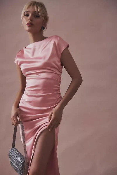 Shop Bhldn Francesca High-neck Stretch Satin Midi Dress In Pink