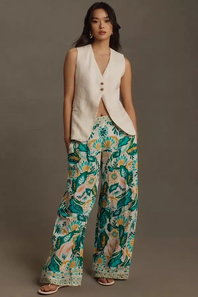 Shop Ranna Gill Floral Wide-leg Linen Pull-on Pants In Blue