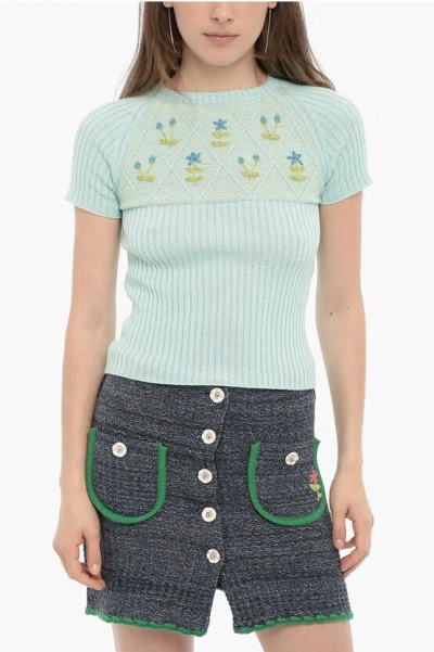 Shop Cormio Short Sleeve Ribbed Crew-neck Sweater With Lurex Embroiderie