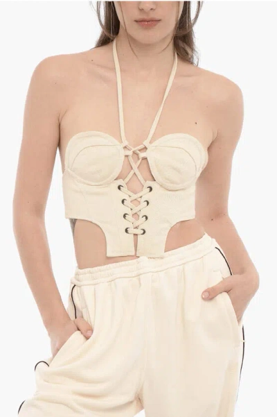 Shop Julfer Solid Color Halterneck Crop Top With Lace-up Detail