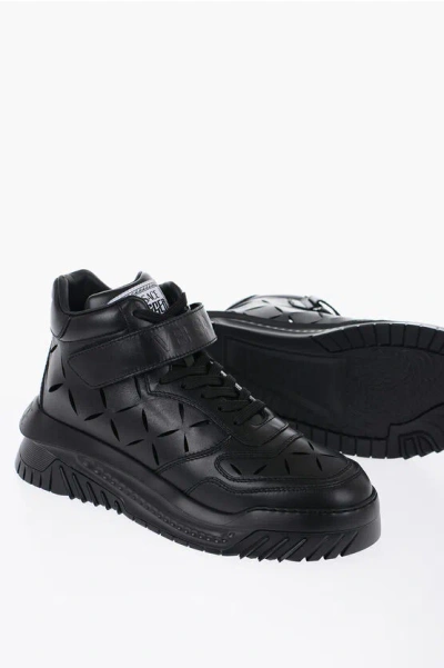 Shop Versace Leather High-top Sneakers With Cutouts