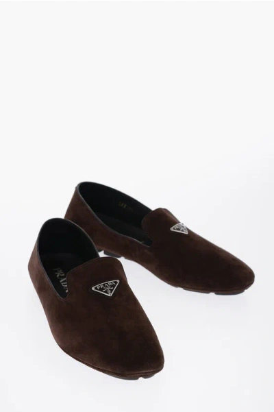 Shop Prada Suede Leather Loafers With Logo
