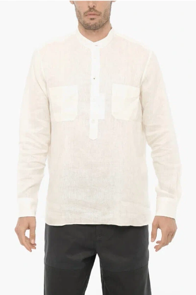 Shop Pt01 Mandarin Collar Linen Shirt With Double Breast Pocket
