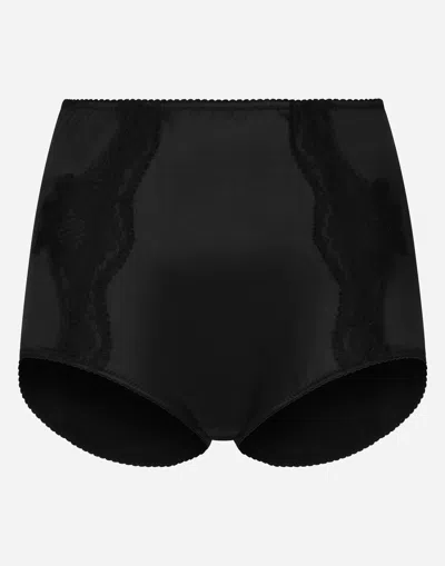 Dolce & Gabbana Satin High-waisted Panties With Lace Details In ブラック