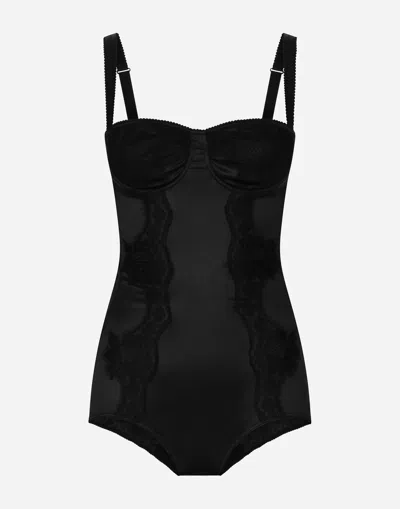 Dolce & Gabbana Lace-trimmed Silk-blend Satin Bodysuit In Black