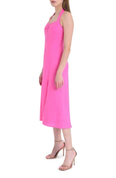 Shop Wayf Simone Halter Neck Linen Midi Dress In Hot Pink