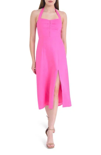 Shop Wayf Simone Halter Neck Linen Midi Dress In Hot Pink