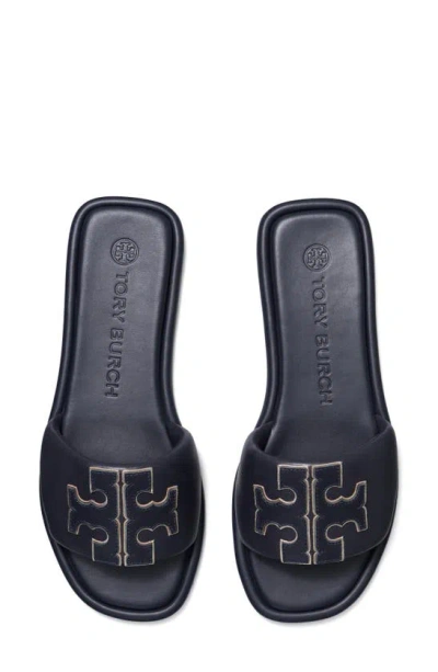 Shop Tory Burch Double-t Leather Sport Slide Sandal In Perfect Navy / Pewter