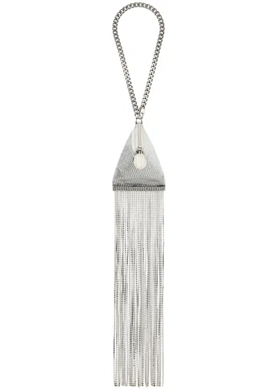 Shop Stella Mccartney Crystal-embellished Fringed Satin Pouch In Silver