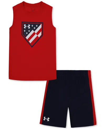 Shop Under Armour Toddler & Little Boys Ua Freedom Flag Graphic Tank Top & Shorts, 2 Piece Set In Red