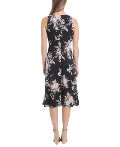 Shop London Times Petite Pleated Keyhole Floral-print Midi Dress In Navy Pink