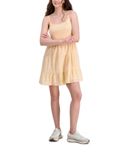 Shop Hippie Rose Juniors' Smocked Tiered Mini Dress In Butter