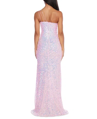 Shop B Darlin Juniors' Sequin One-shoulder Side-slit Gown In Pink,iridescent