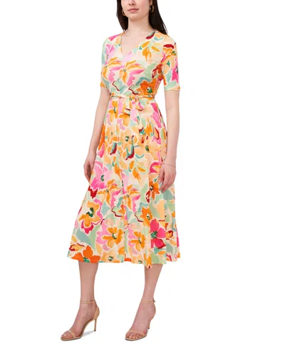 Shop Msk Women's Floral-print Tie-waist V-neck Midi Dress In Ivory,mult