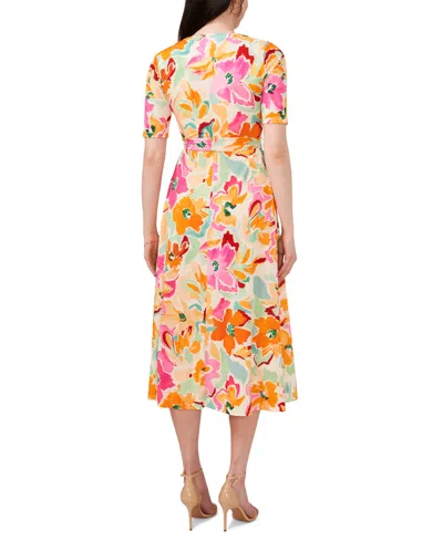 Shop Msk Women's Floral-print Tie-waist V-neck Midi Dress In Ivory,mult