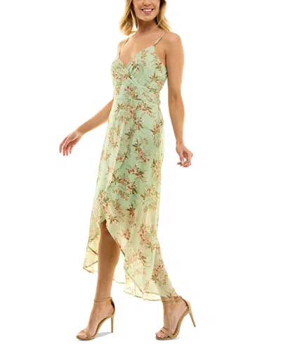 Shop As U Wish Juniors' Floral-print High-low Chiffon Dress In Sag,pch,ol