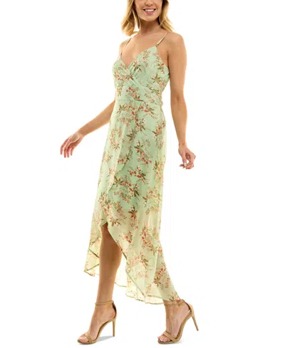 As U Wish Juniors' Floral-print High-low Chiffon Dress In Sag,pch,ol