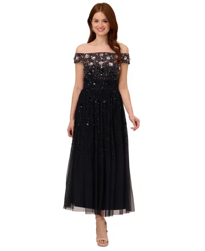 Shop Adrianna Papell Women's Embellished Off-the-shoulder Gown In Navy,rosegold