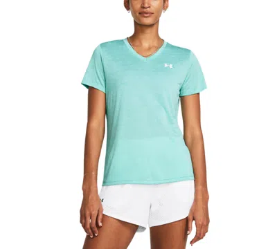 Shop Under Armour Women's Twist Tech V-neck Short-sleeve Top In Radial Turquoise,white
