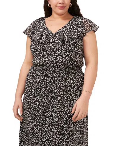 Shop Msk Plus Size Ruffled Printed Smocked-waist Midi Dress In Black,white