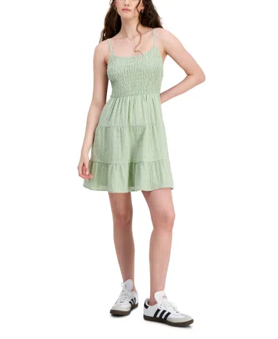 Shop Hippie Rose Juniors' Smocked Tiered Mini Dress In Fresh Sage