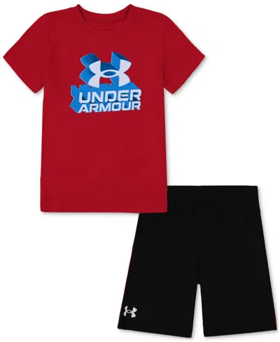 Shop Under Armour Toddler & Little Boys Block Logo Graphic T-shirt & Shorts, 2 Piece Set In Red