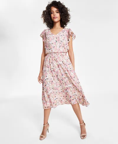 Shop Msk Women's V-neck Flutter-sleeve Smocked-waist Dress In Pink,olive