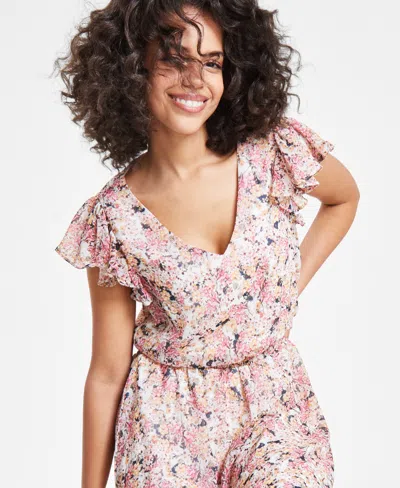 Shop Msk Women's V-neck Flutter-sleeve Smocked-waist Dress In Pink,olive