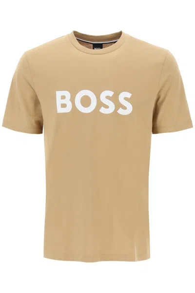 Shop Hugo Boss Tiburt 354 Logo Print T Shirt In Beige