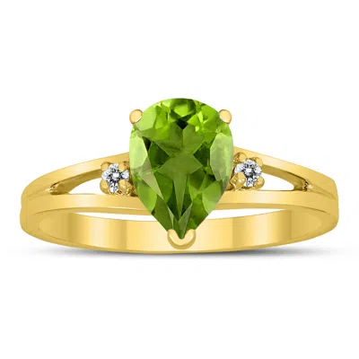 Shop Sselects 8x6mm Peridot And Diamond Pear Shaped Open Three Stone Ring In 10k Yellow Gold