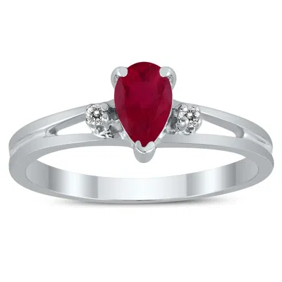 Shop Sselects 6x4mm Ruby And Diamond Pear Shaped Open Three Stone Ring In 10k White Gold