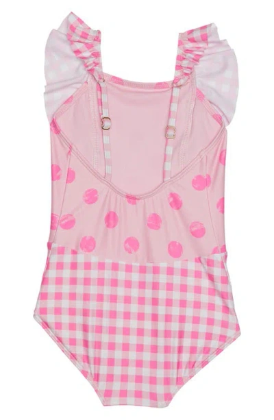 Shop Beach Lingo Kids' Polka Dot & Check Ruffle One-piece Swimsuit In Pink Punch