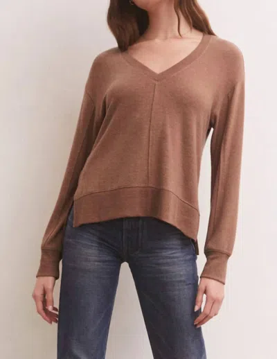 Shop Z Supply Wilder Cloud V Neck Long Sleeve Top In Penny In Brown